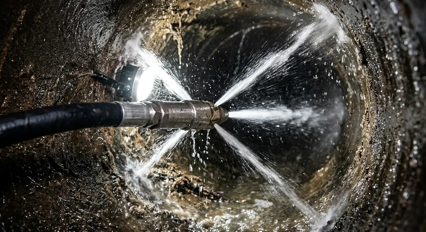 High-pressure hydro jetting nozzle cleaning sewer pipe for Emergency Drain Service in Cape Elizabeth
