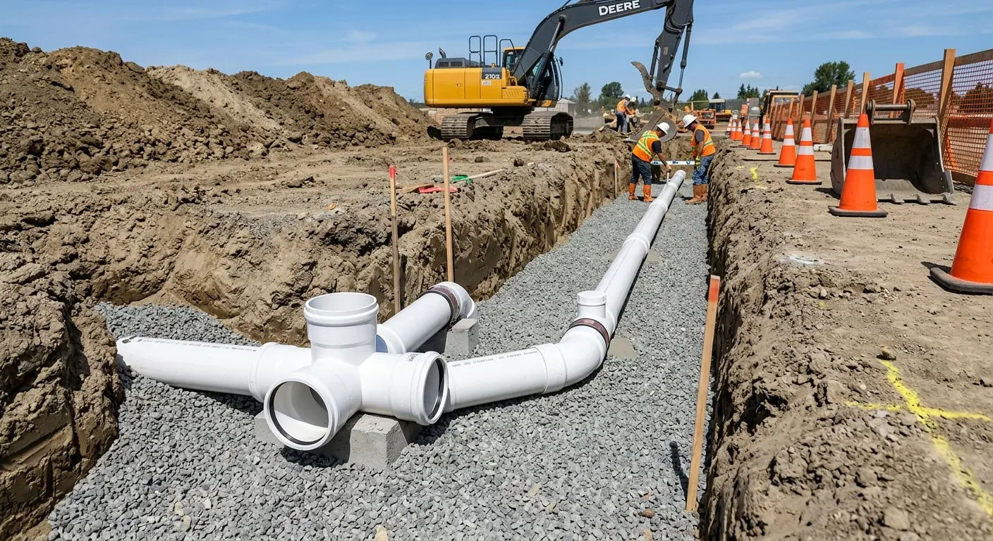 New PVC sewer pipe installation in open trench for Sewer Backup in Cape Elizabeth