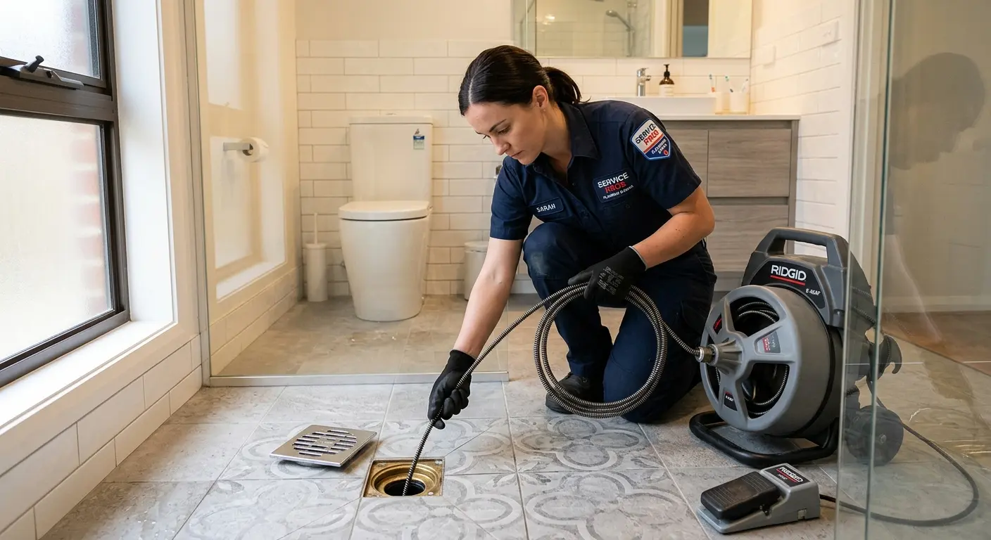 Technician clearing a bathroom floor drain for Hydro Jetting in Cape Elizabeth